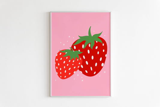 Strawberries Print - Pink Kitchen Decor - Colourful Wall Art: A4 (8.3x11.7”)