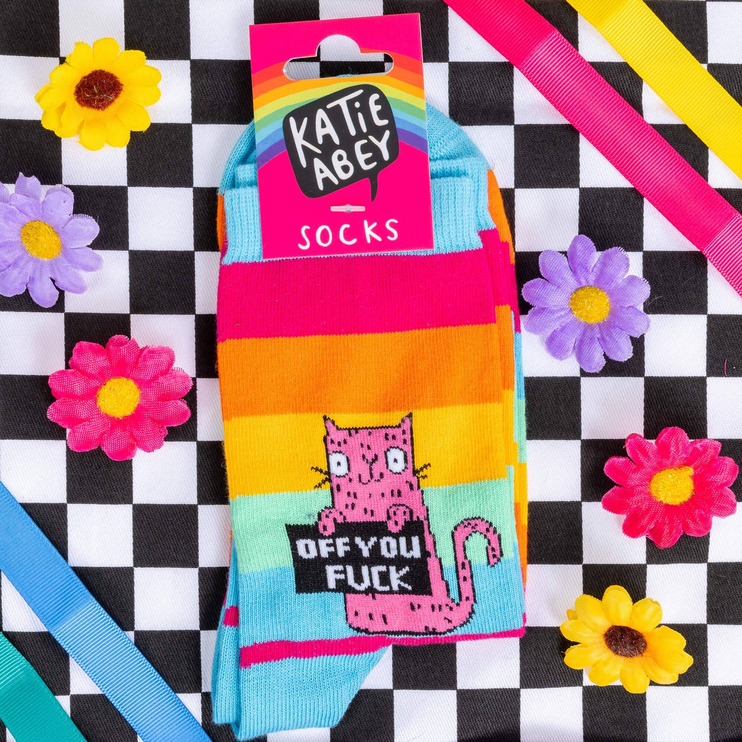 Katie Abey - Off You F Sweary Rainbow Cat Socks