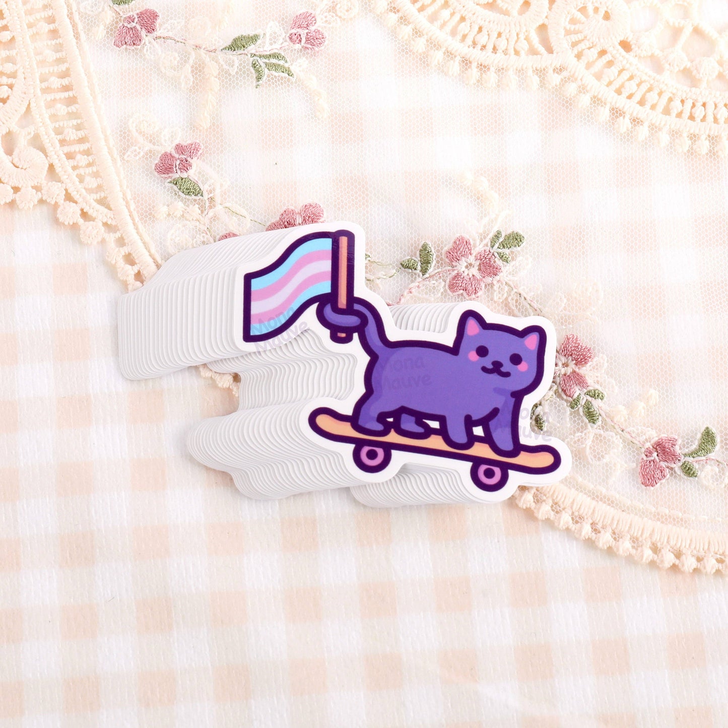 Mona Mauve - Cute Trans Pride Sticker | Trans Flag Cat on Skateboard