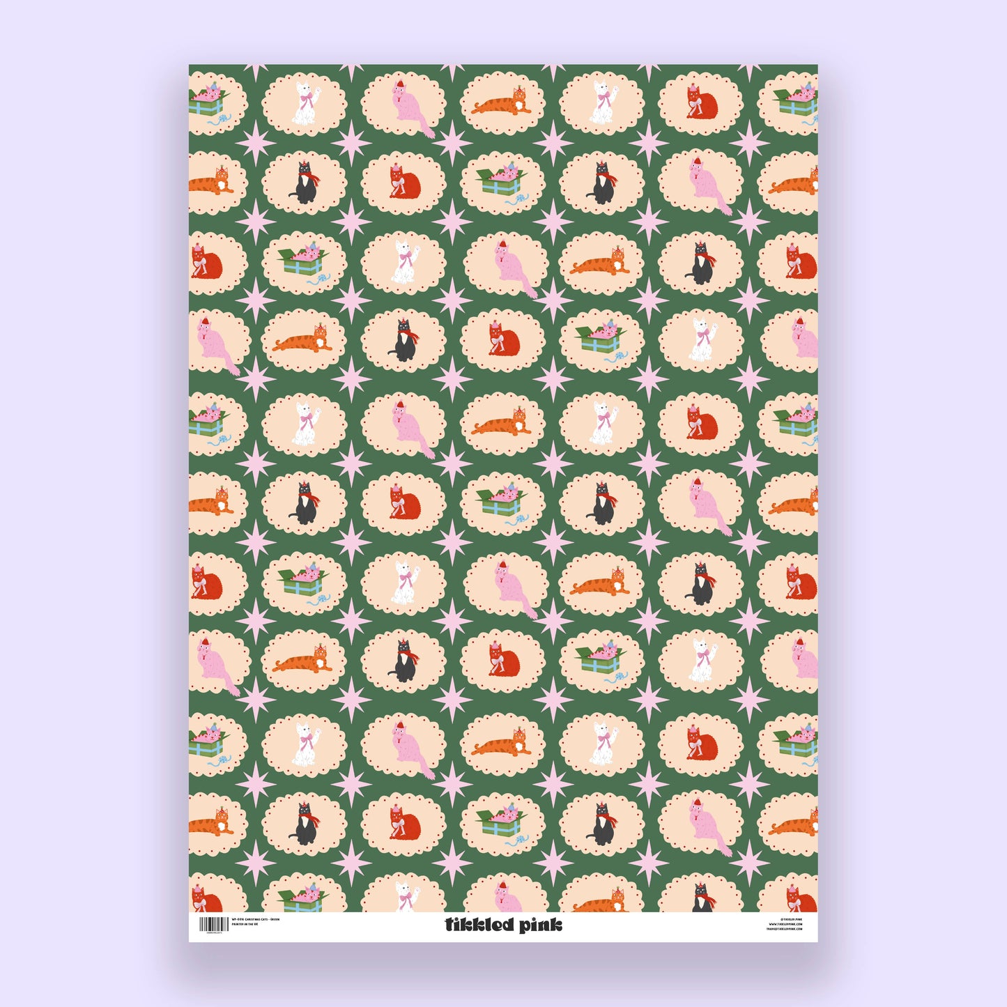 Tikkled Pink - Christmas Cats Wrapping Paper Sheets | Holiday Cat Gift Wrap: Green