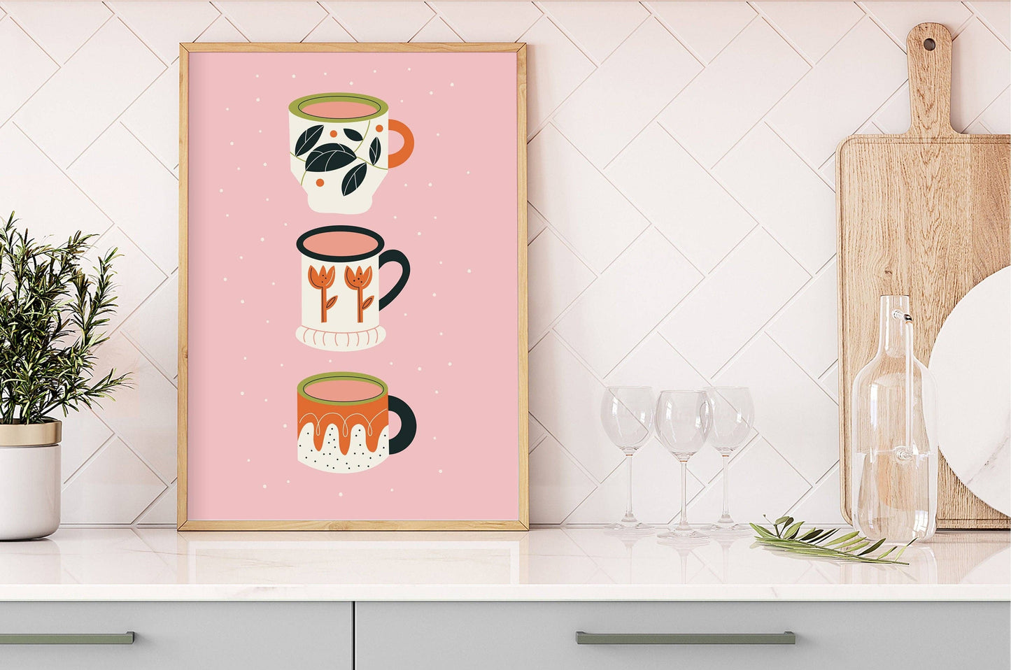 Colourful Mugs Print - Kitchen Wall Art - Bright Home Decor: A3 (11.7x16.5”)