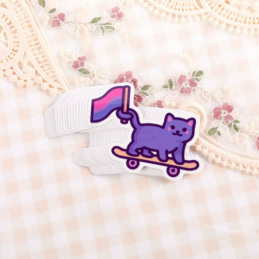 Mona Mauve - Bisexual Pride Sticker | Bi Flag Cat on Skateboard