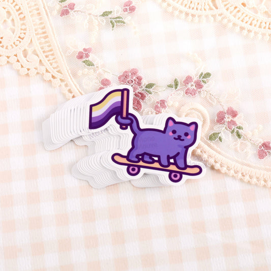 Mona Mauve - Non Binary Pride Sticker | Enby Flag Cat on Skateboard