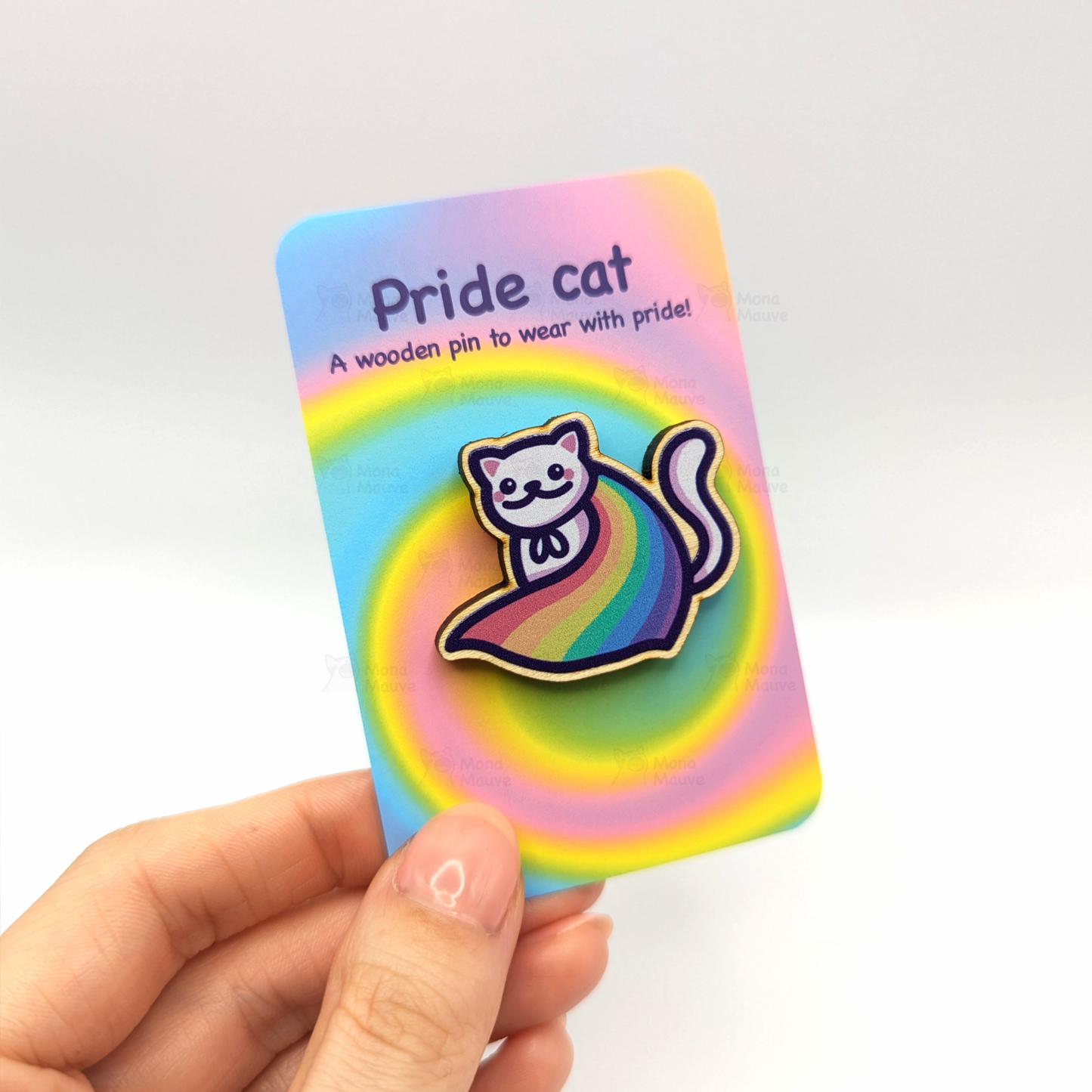 Mona Mauve - LGBTQ+ Pride Kitten Badge | Cute Cat Wooden Pin: No hang tabs needed