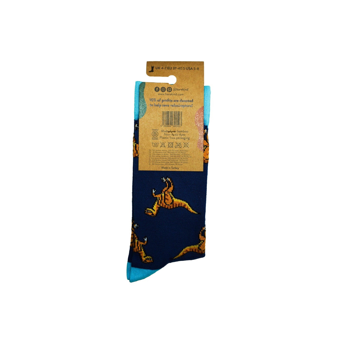 Bare Kind Socks - Velociraptor Socks | Bamboo Socks | Blue Socks | Dino Socks: UK Adult 4-7