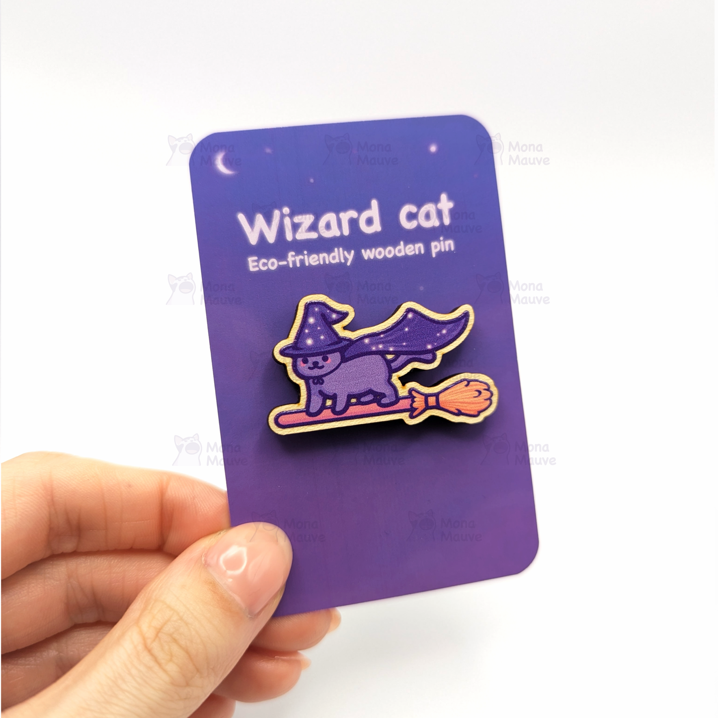 Mona Mauve • Silly Art! - Wizard Cat Pin Badge | Cute Halloween Wooden Pin: No hang tabs needed