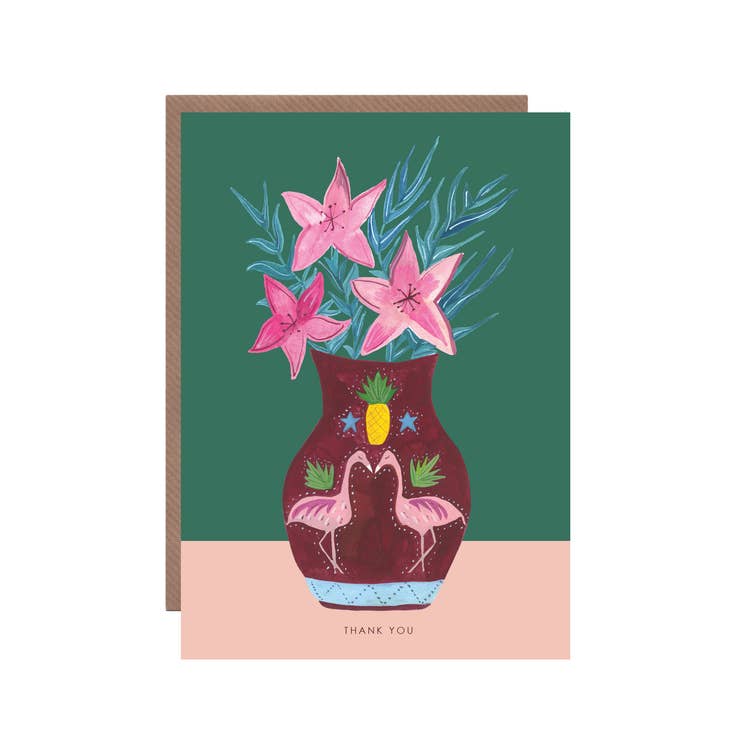 Hutch Cassidy - Flamingo Plant Pot Thank you Greetings Card