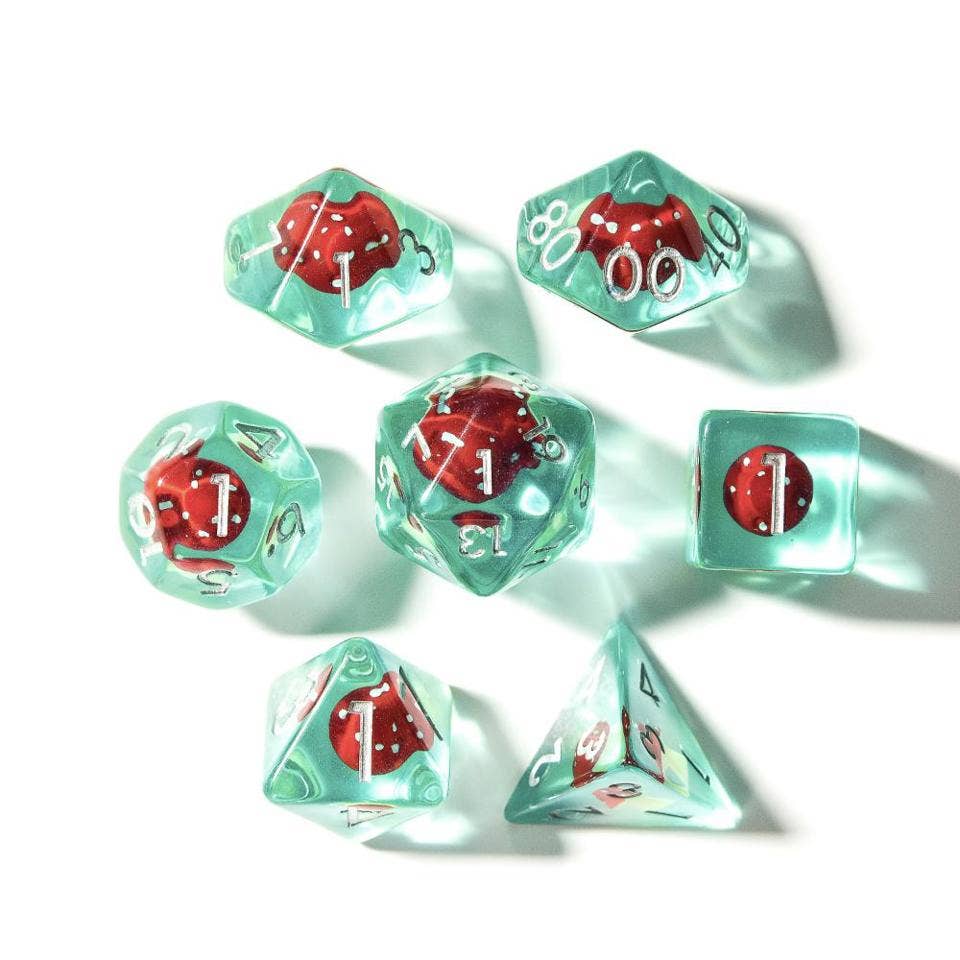 Tabletop Dominion Limited - Red Mushies | Resin Inclusion Dice | 7-Polyhedral Set