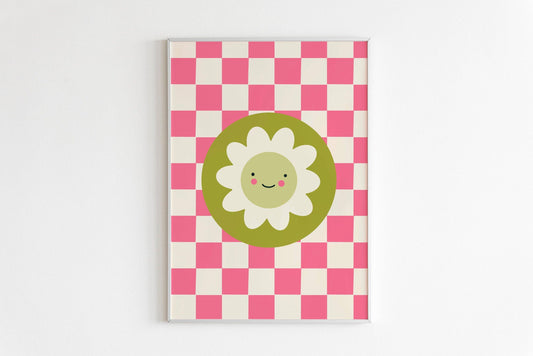 Retro Smiley Flower Print - Daisy Wall Art - Colourful Decor: A3 (11.7x16.5”)