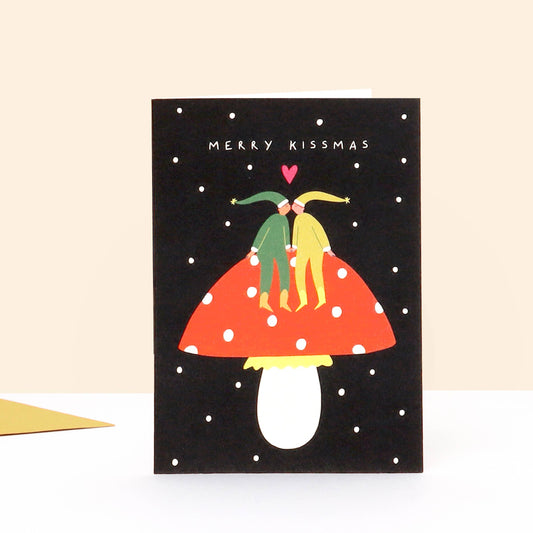 Little Black Cat Illustrated Goods - Merry Kissmas Christmas Card | Elves | Mushroom Card