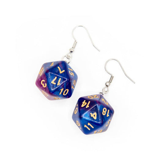 Tabletop Dominion Limited - D20 Dice Earrings | Purple & Blue Swirl | D&D Jewelry