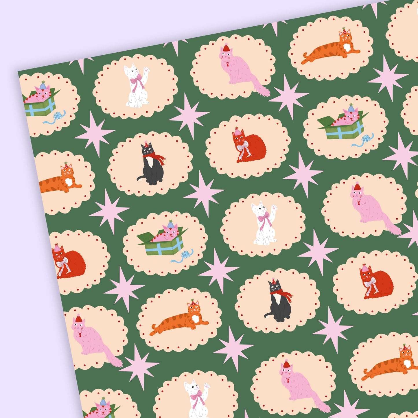 Tikkled Pink - Christmas Cats Wrapping Paper Sheets | Holiday Cat Gift Wrap: Red