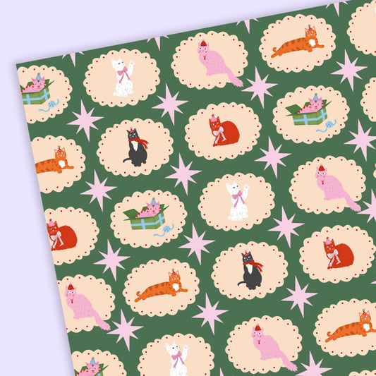 Tikkled Pink - Christmas Cats Wrapping Paper Sheets | Holiday Cat Gift Wrap: Green