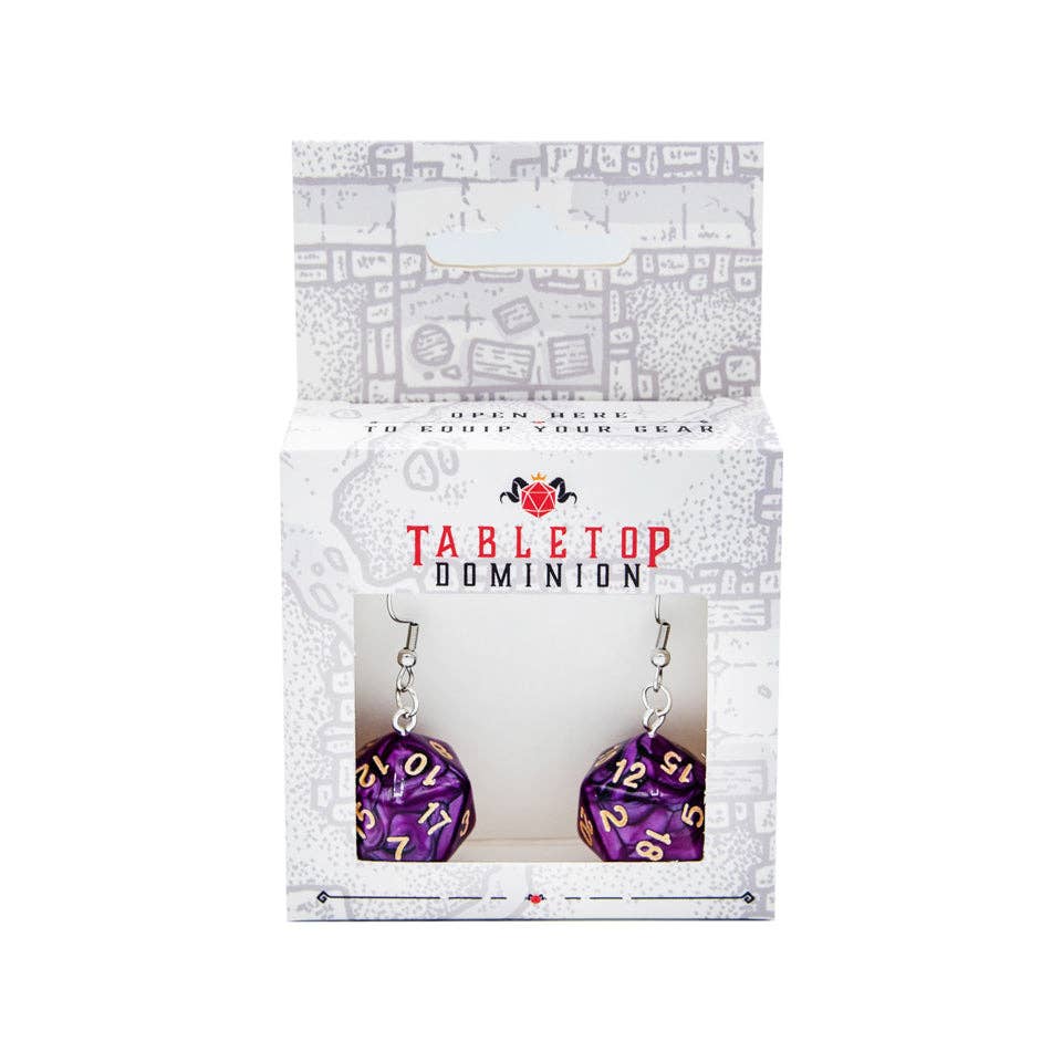 Tabletop Dominion Limited - D20 Dice Earrings | Pink & White Swirl | D&D Jewelry