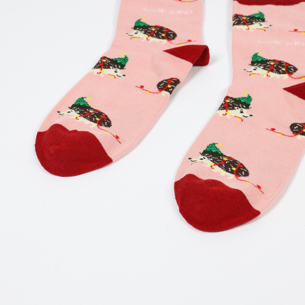 Bare Kind Socks - Christmas Hedgehog Socks | Bamboo Socks | Pink Socks: Hedgehog / Single Pair / UK Adult 4-7