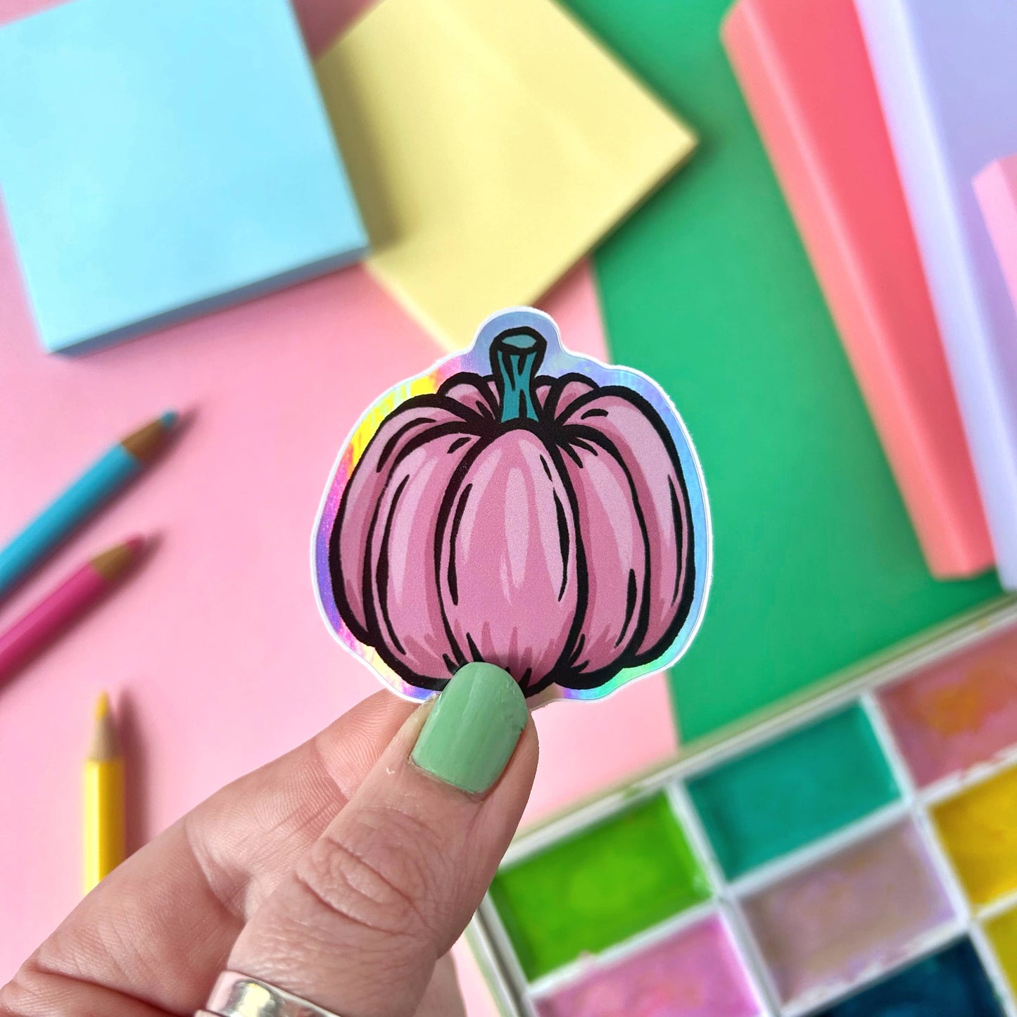 Stacey McEvoy Caunt - Pink Pumpkin Holographic Vinyl Sticker: Loose Stickers