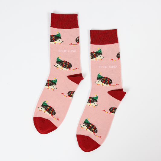 Bare Kind Socks - Christmas Hedgehog Socks | Bamboo Socks | Pink Socks: Hedgehog / Single Pair / UK Adult 4-7