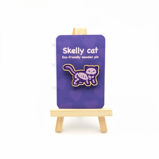 Mona Mauve • Silly Art! - Skelly Cat Pin Badge | Cute Halloween Wooden Pin: No hang tabs needed