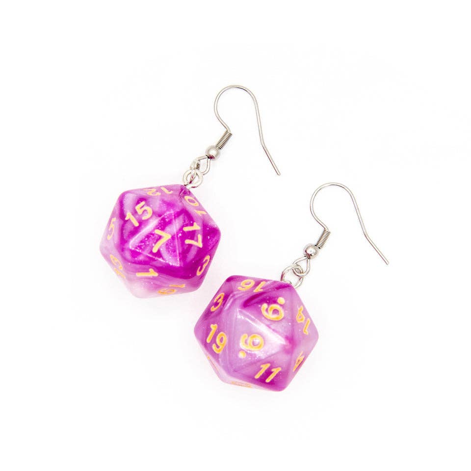 Tabletop Dominion Limited - D20 Dice Earrings | Pink & White Swirl | D&D Jewelry