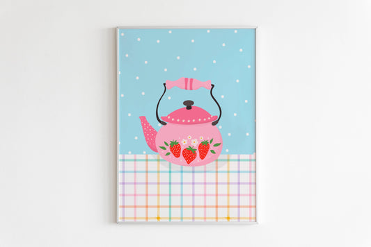 Pink Kettle Print - Cute Kitchen Wall Art - Home Decor: A3 (11.7x16.5”)