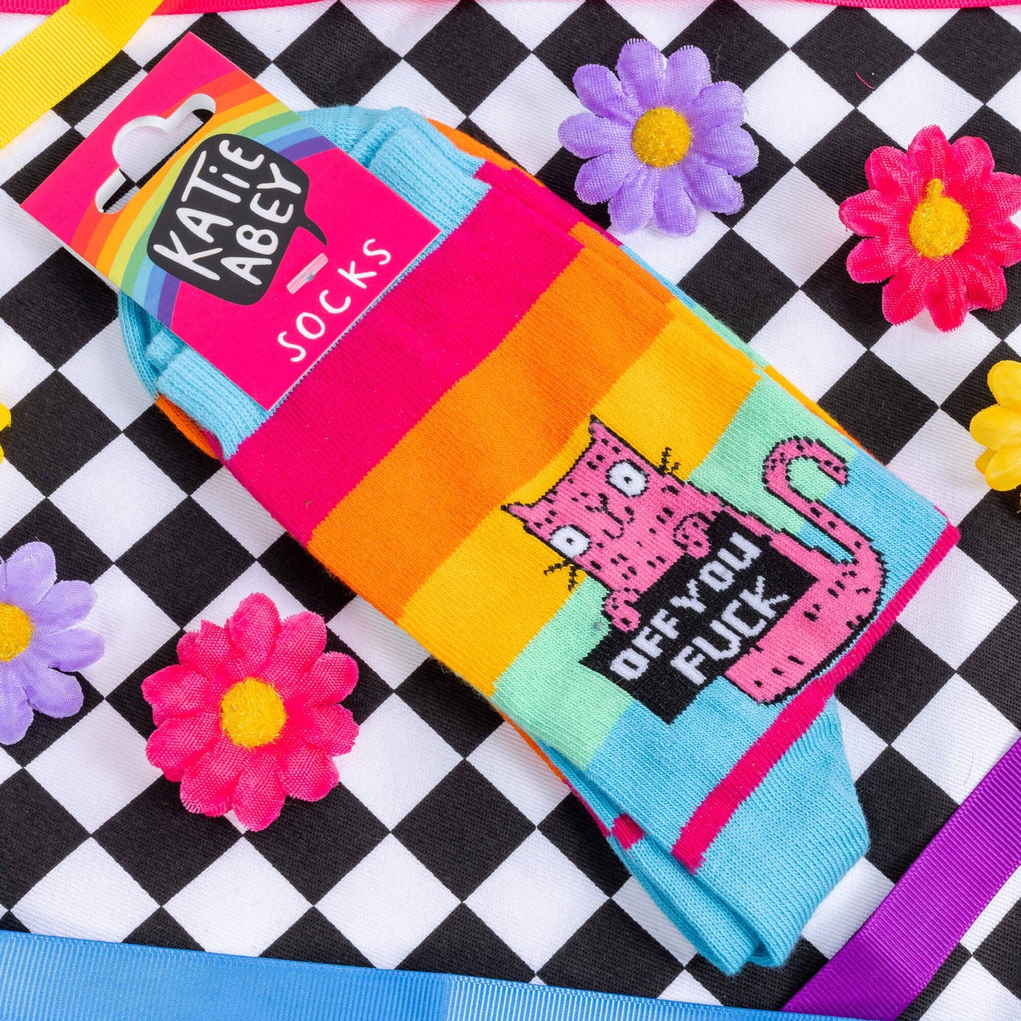 Katie Abey - Off You F Sweary Rainbow Cat Socks