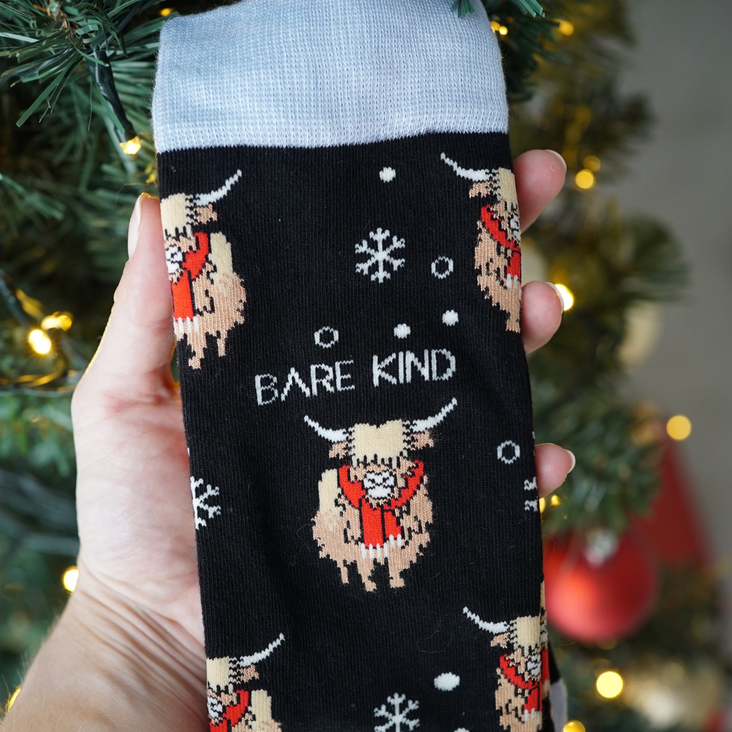 Bare Kind Socks - Christmas Highland Cow Socks | Bamboo Socks | Blue Socks: Highland Cow / Single Pair / UK Adult 4-7