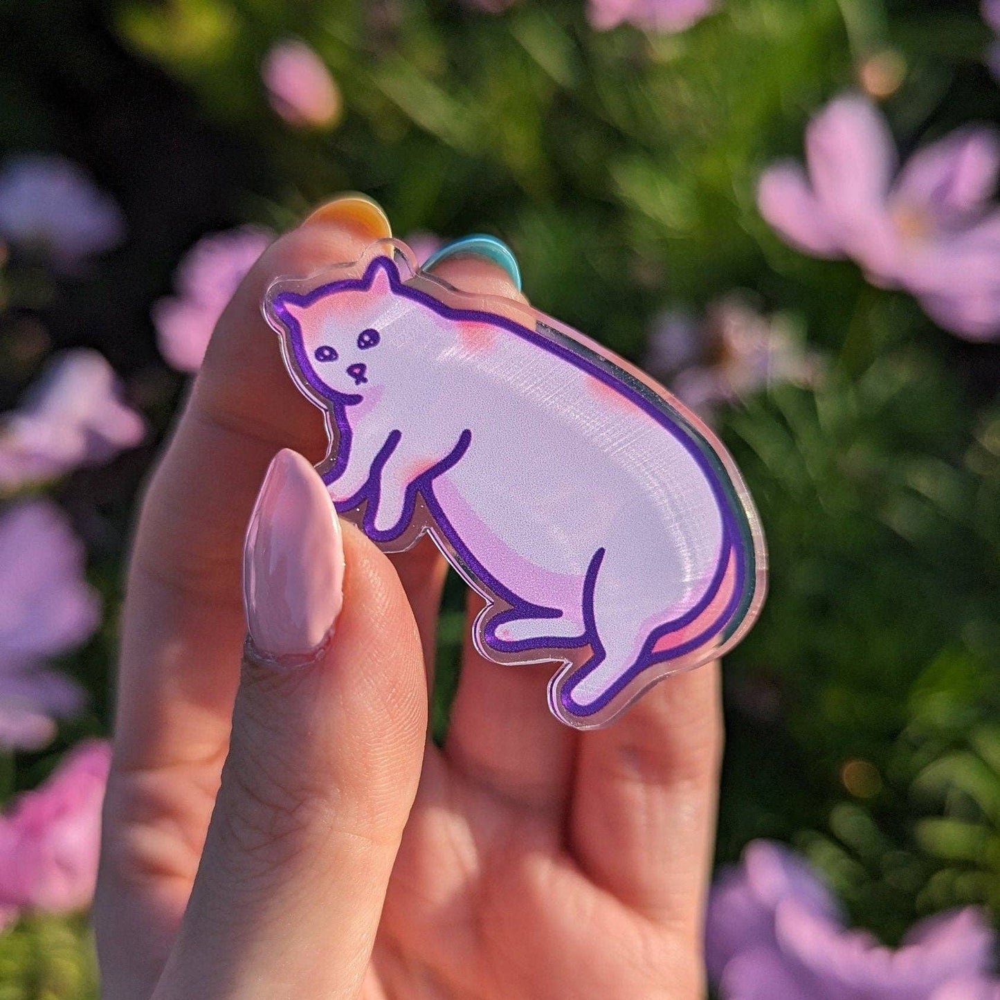 Mona Mauve • Silly Art! - He's Not Fat, Just Big Boned | Funny Cat Meme Acrylic Pin: No hang tabs needed