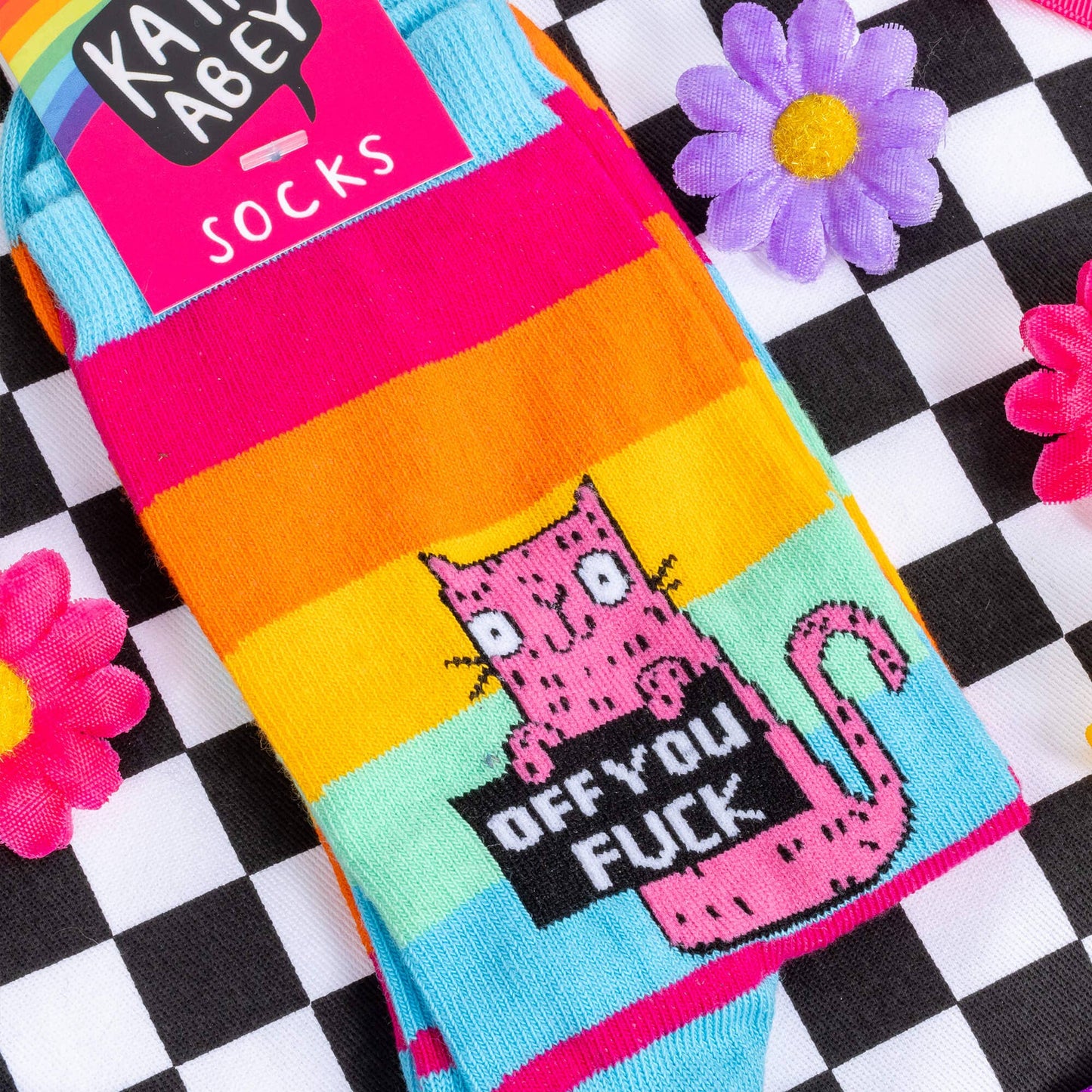 Katie Abey - Off You F Sweary Rainbow Cat Socks