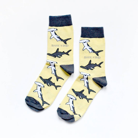 Bare Kind Socks - Shark Socks | Bamboo Socks | Pastel Yellow Socks: Sharks / Single Pair / UK Adult 4-7