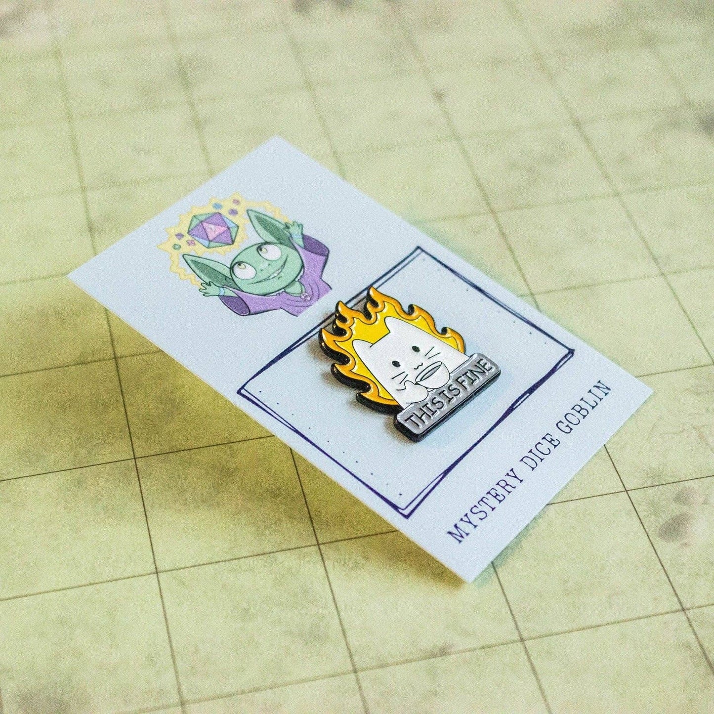 Mystery Dice Goblin - DnD Gift This Is Fine White Cat Pin