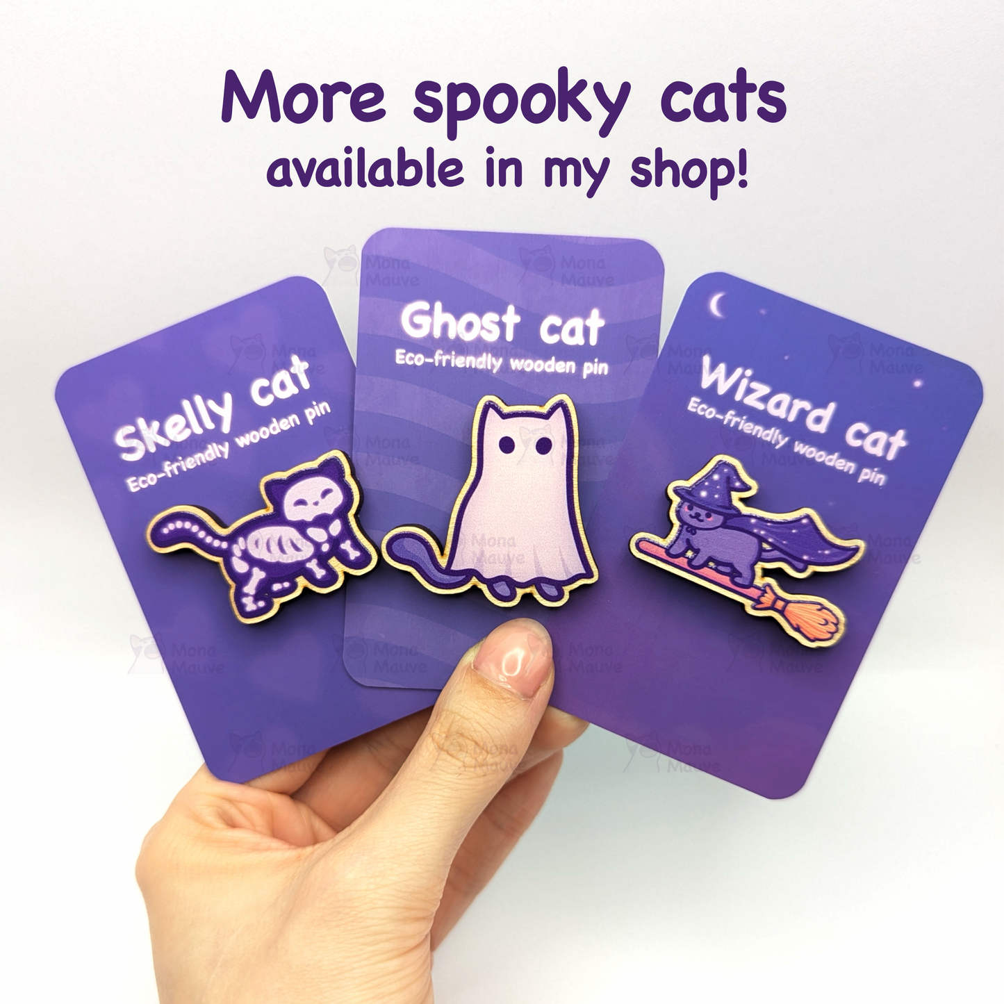 Mona Mauve • Silly Art! - Wizard Cat Pin Badge | Cute Halloween Wooden Pin: No hang tabs needed