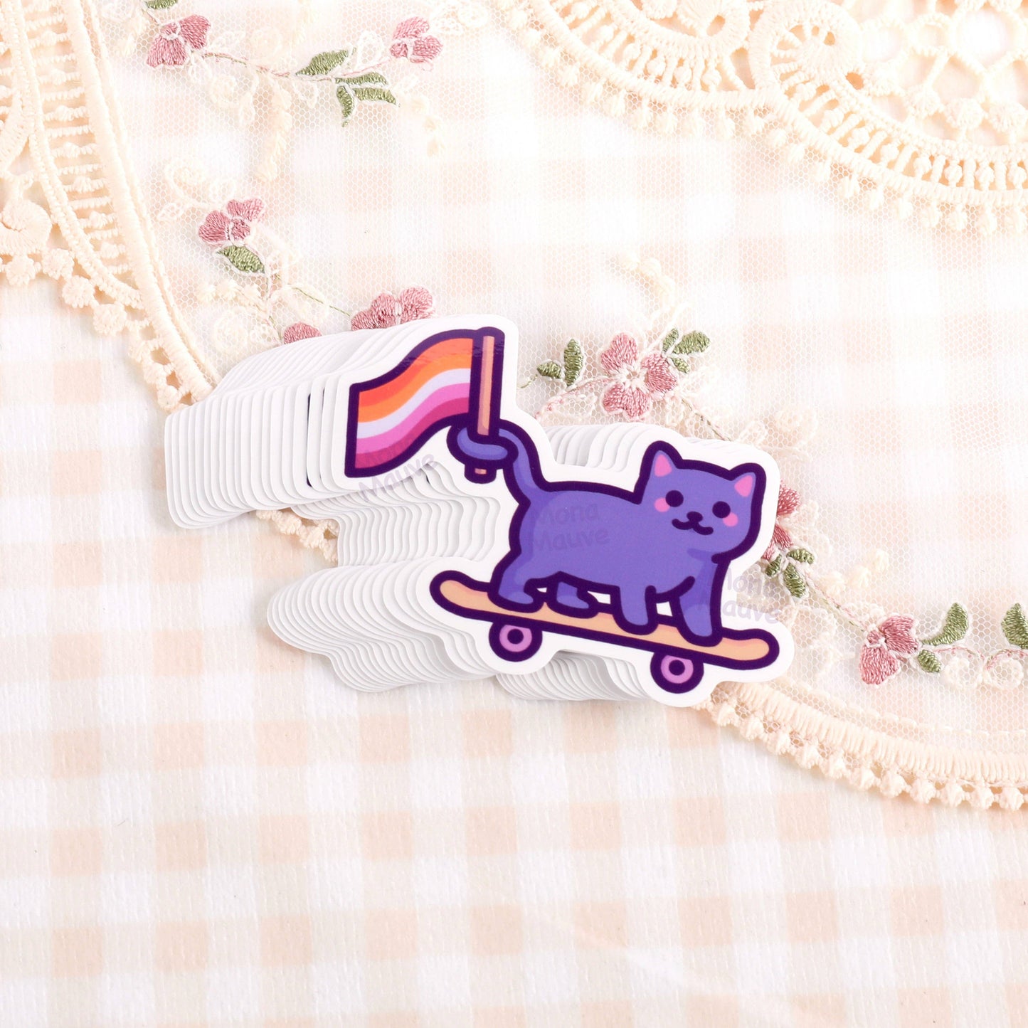 Mona Mauve - Lesbian Pride Sticker | LGBTQ+ Flag Cat on Skateboard