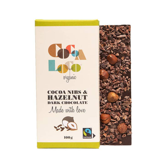 Cocoa Loco - Dark Chocolate, Cocoa Nibs & Hazelnut Bar – 100g