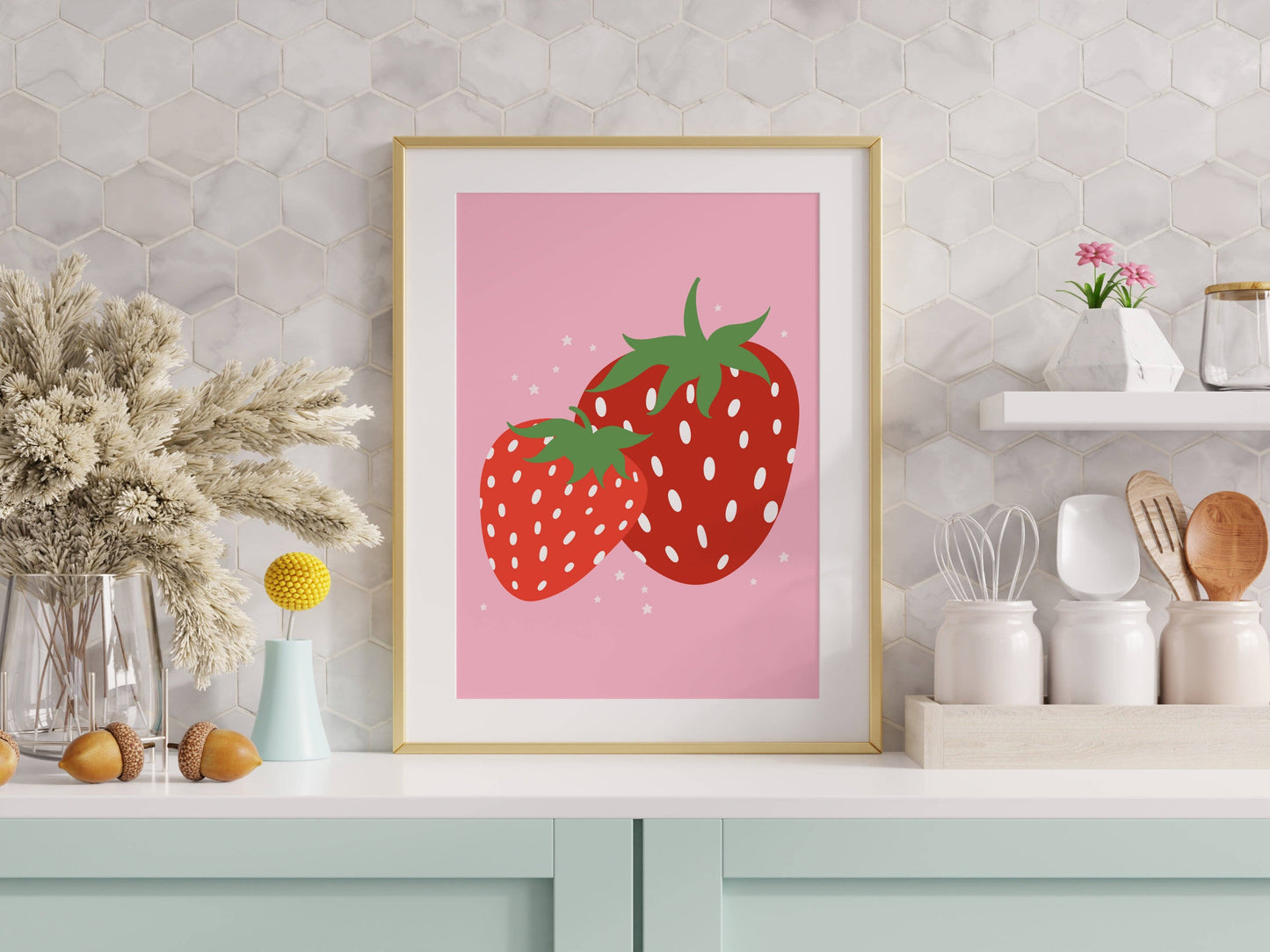 Strawberries Print - Pink Kitchen Decor - Colourful Wall Art: A5 (5.8x8.3”)