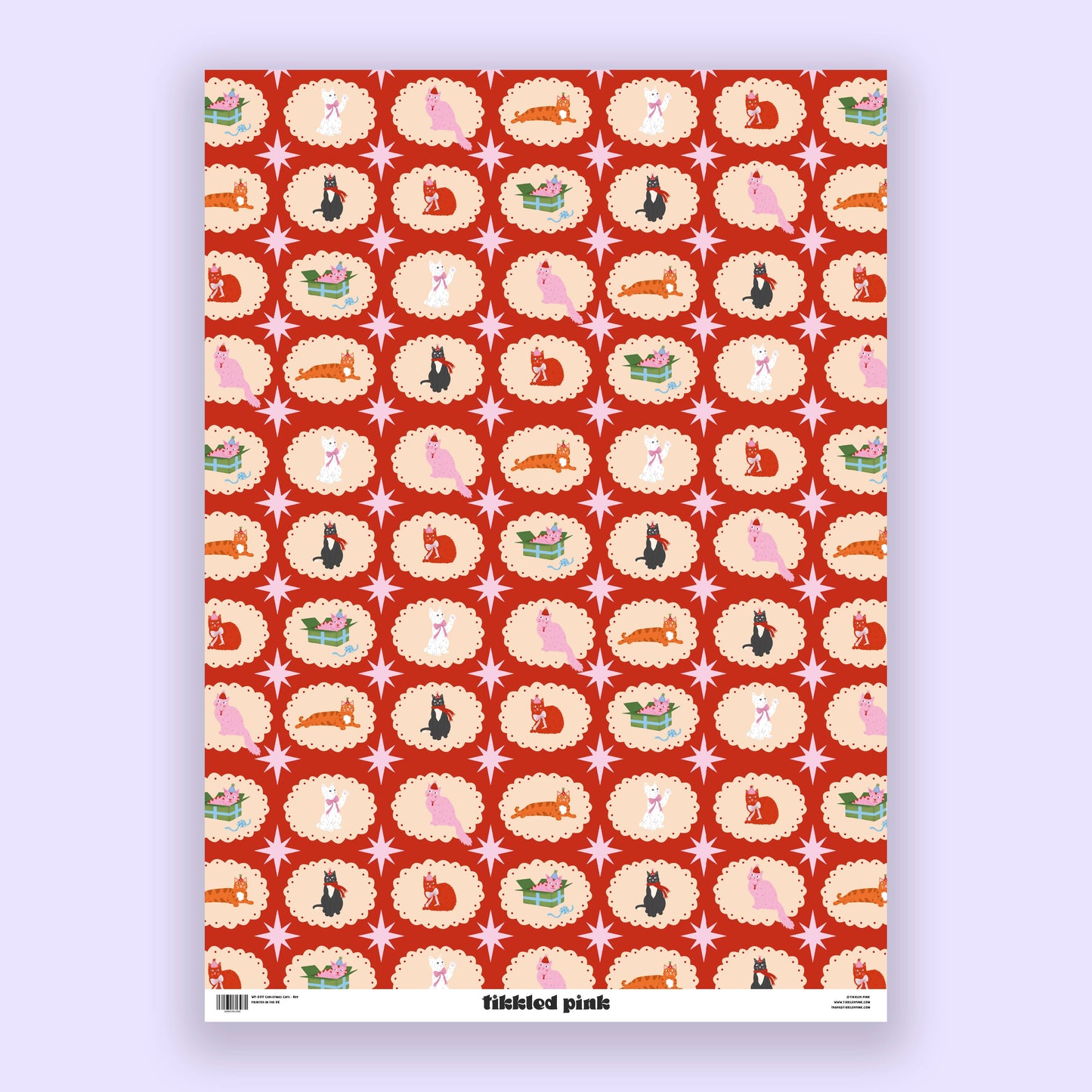 Tikkled Pink - Christmas Cats Wrapping Paper Sheets | Holiday Cat Gift Wrap: Red