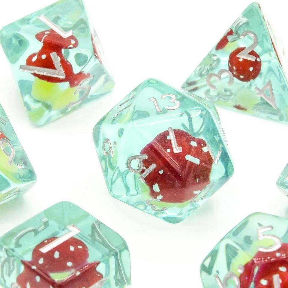 Tabletop Dominion Limited - Red Mushies | Resin Inclusion Dice | 7-Polyhedral Set