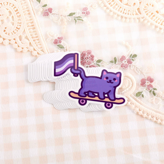 Mona Mauve - Asexual Pride Sticker | Ace Flag Cat on Skateboard