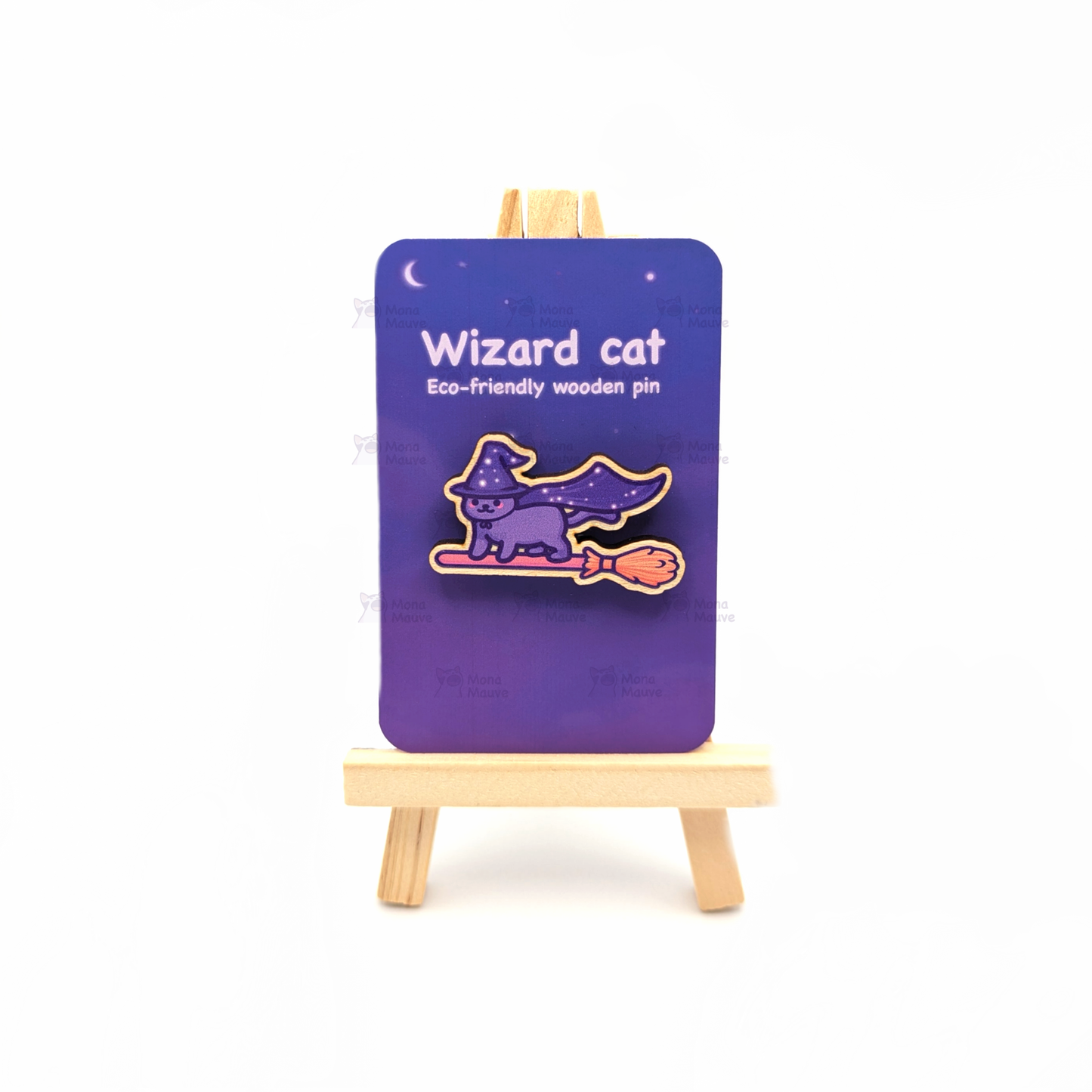 Mona Mauve • Silly Art! - Wizard Cat Pin Badge | Cute Halloween Wooden Pin: No hang tabs needed