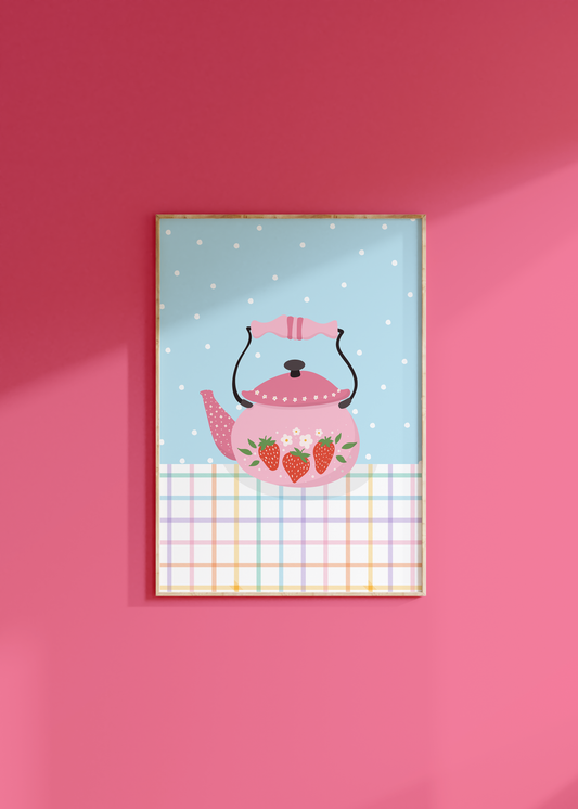 Pink Kettle Print - Cute Kitchen Wall Art - Home Decor: A4 (8.3x11.7”)