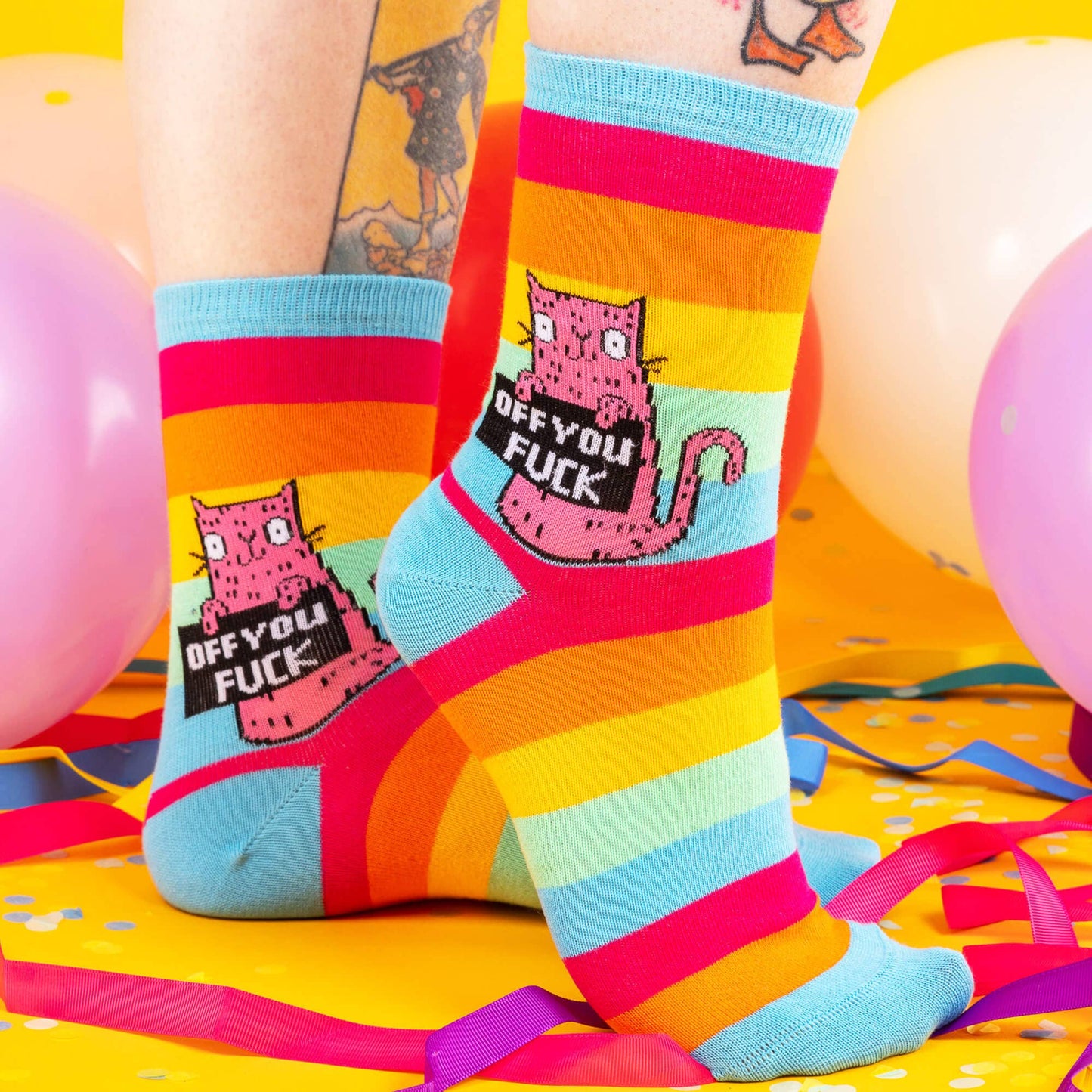 Katie Abey - Off You F Sweary Rainbow Cat Socks