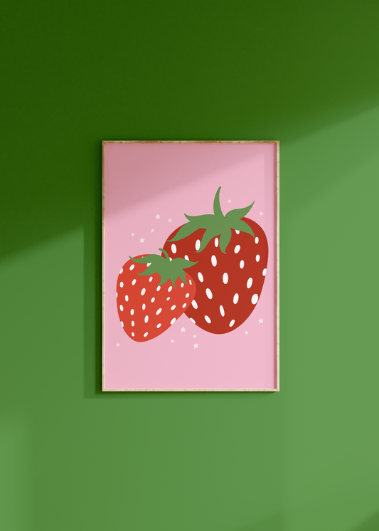 Strawberries Print - Pink Kitchen Decor - Colourful Wall Art: A5 (5.8x8.3”)